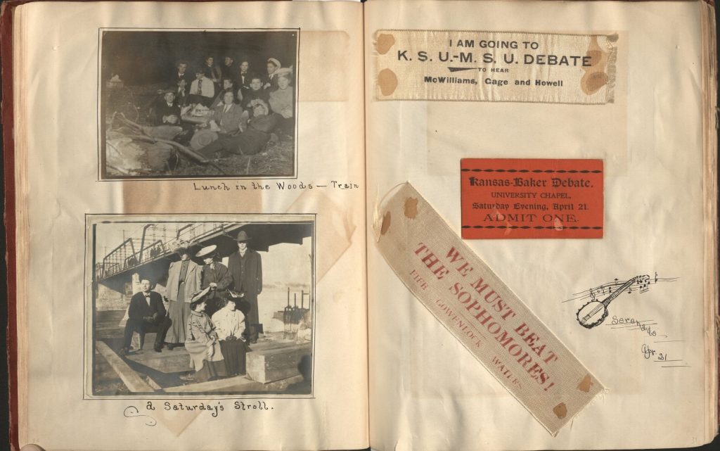 Two-page scrapbook page with photographs of students enjoying "lunch in the woods" and "a Saturday's stroll." There are also two items from KU debate team events.