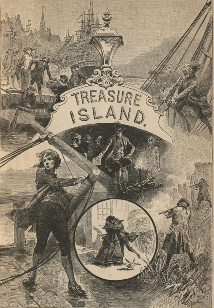 Scenes from Treasure Island depicted in black-and-white sketches with the book's title.