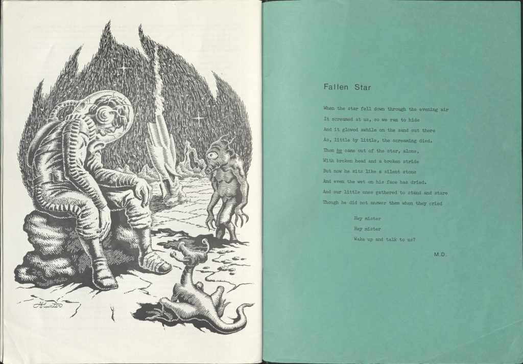 Two-page spread. On the left is a black-and-white illustration of an astronaut sitting on a rock in front of a crashed spaceship as two aliens approach. On the right is the text of the poem Fallen Star by Margaret Draper.