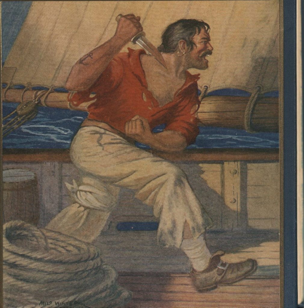 Color illustration of a pirate walking aggressively and holding a large knife.