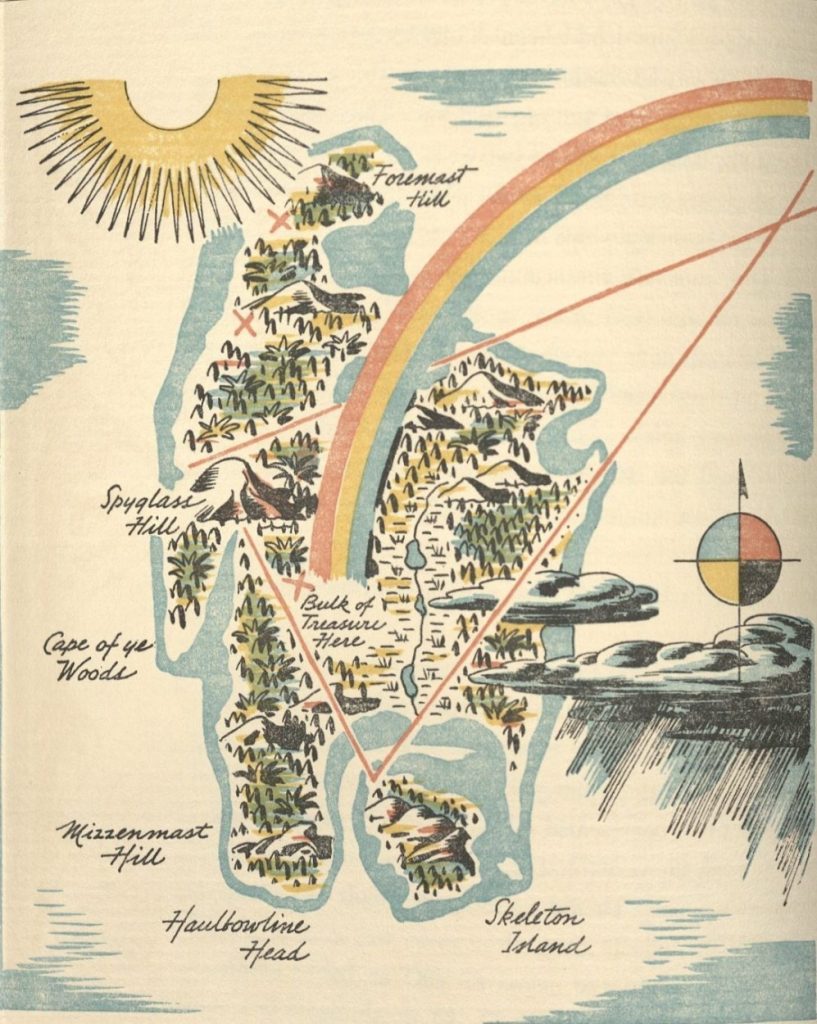 Color map of Treasure Island, with the "bulk of treasure here" marked with a red "x" and a rainbow.
