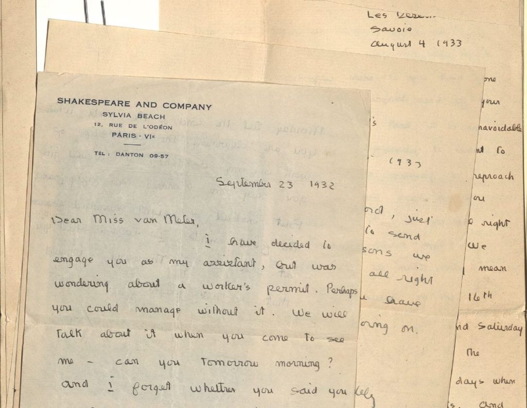 Several Sylvia Beach letters, with Beach's 1932 letter hiring Jane van Meter on top.