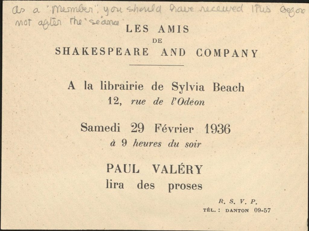 Event notice card in French for reading by Paul Valéry on Saturday, February 29, 1936" with pencil note in Beach's hand "As a 'Member,' you should have received this before not after the 'séance'