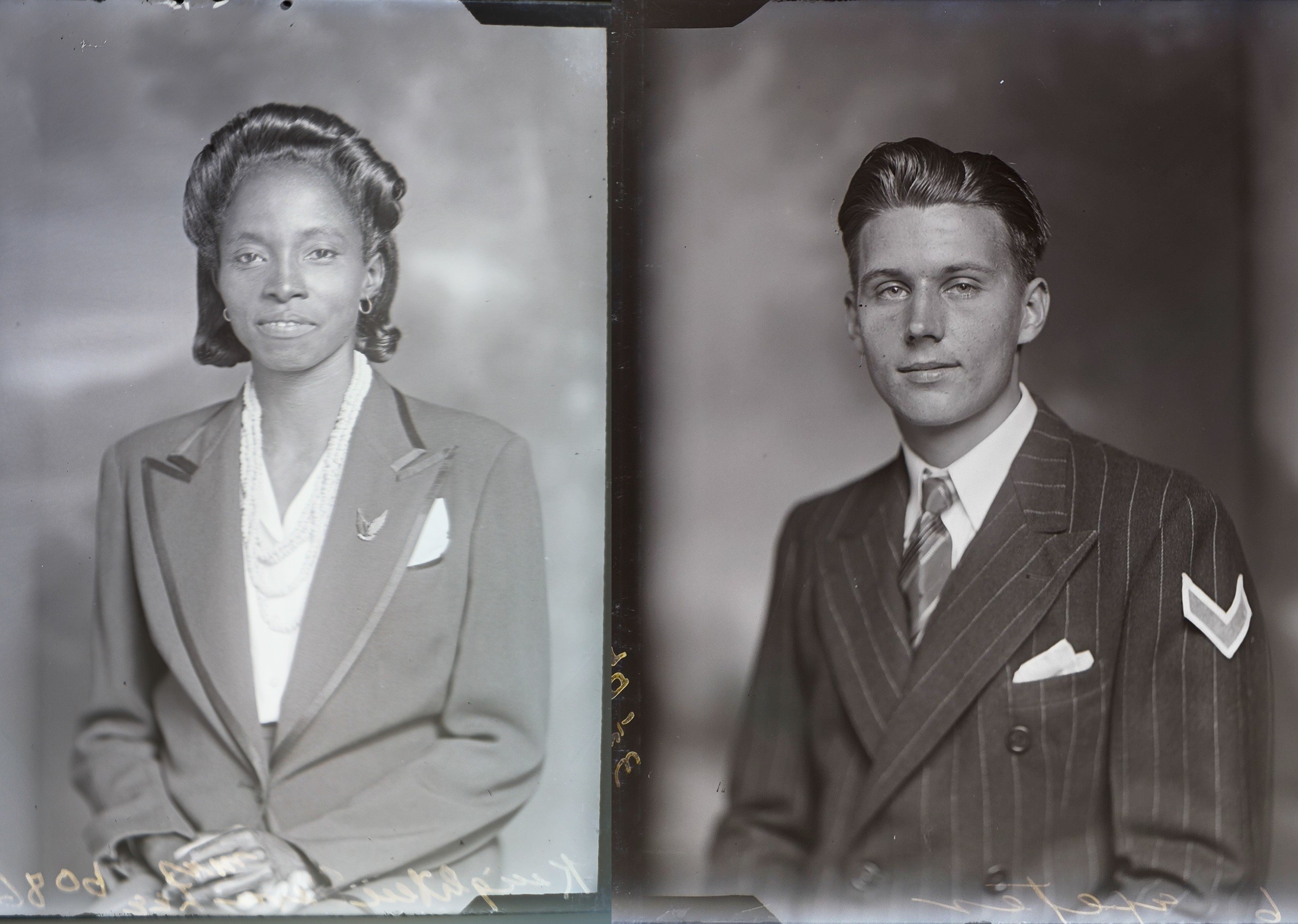Photographic images from plate 6086 (Mrs. Vera Lee Knighten) and plate 6058 (John Mishler). Hannah Scott Studio Collection, Kansas Collection, University of Kansas Libraries.