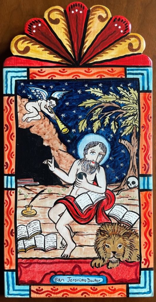 Colorful image of a bearded man sitting and writing with a lion and an angel.