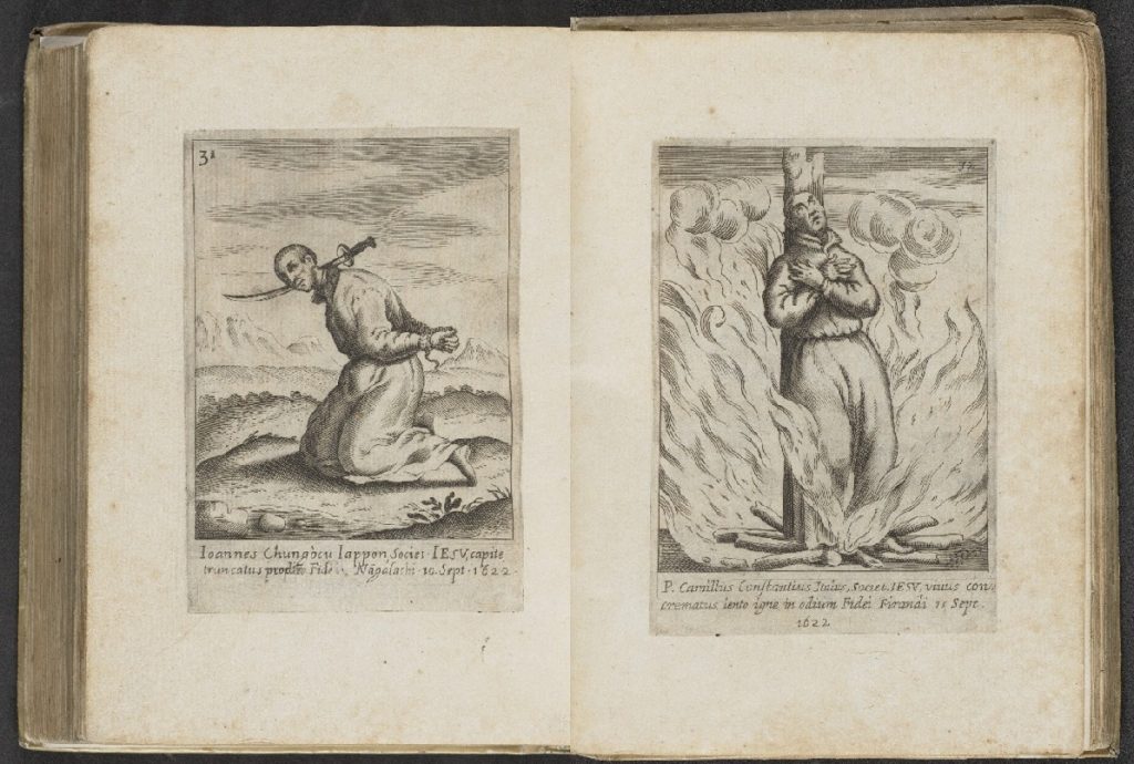 Two images of a man tied up with a floating sword to his neck (left) and a man being burned at the stake (right) from Fasciculus e Iapponicis floribus suo adhuc madentibus sanguine (A Wreath of Japanese Flowers, Still Dripping in their Own Blood)