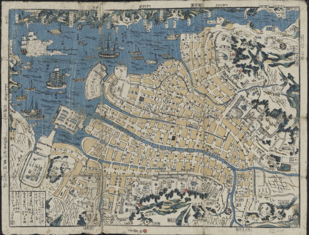 Nagasaki chizu 長崎地図 (Colored map of Nagasaki with boats shown in the port), 1860