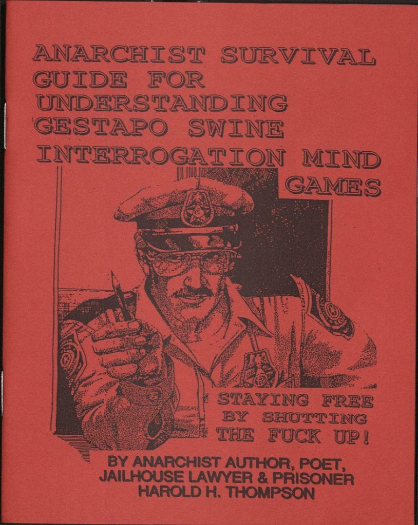 Bibliographic information in black text against a red background with a sketch of a male law enforcement officer holding out a pencil.