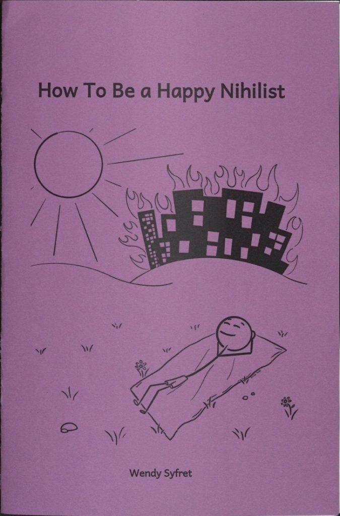 Bibliographic information in black text against a purple background with a sketch of a person laying under the sun on a blanket while a city burns behind them.