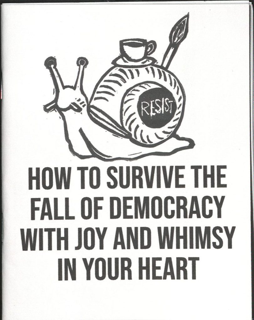 Bibliographic information in black text against a white background with a sketch of a snail that has a coffee cup on top of its shell and the word "resist" written on the shell's side.