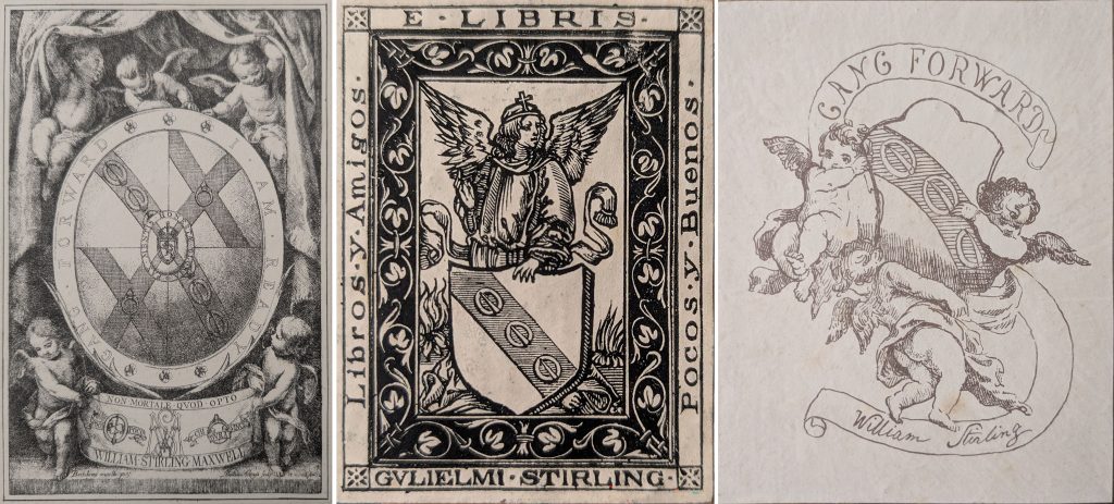 A selection of three of William Stirling Maxwell's bookplates featuring angels or cherubs in the designs.