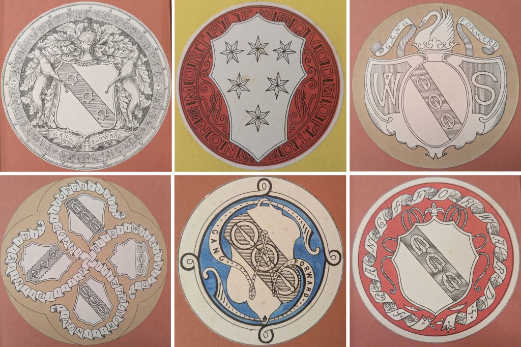 A selection of six of William Stirling Maxwell's bookplates, distinctive for their circular shape.