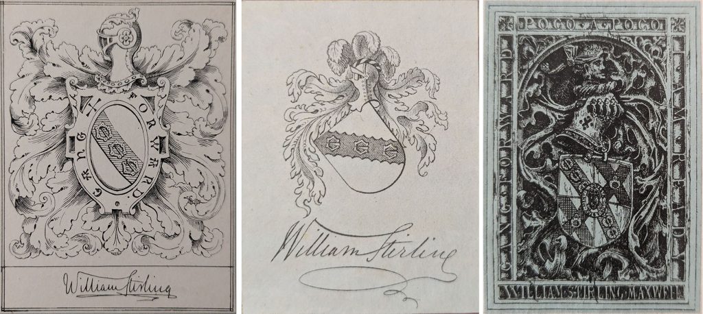 A selection of three of William Stirling Maxwell's bookplates featuring knight's helmets in their designs.