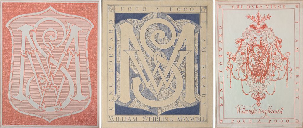 A selection of three of William Stirling Maxwell's bookplates featuring his monogram in the designs.