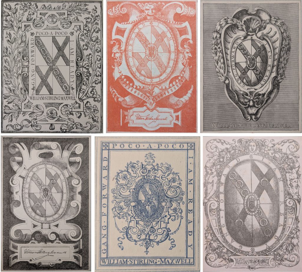 A selection of six of William Stirling Maxwell's bookplates featuring ornate heraldic imagery.