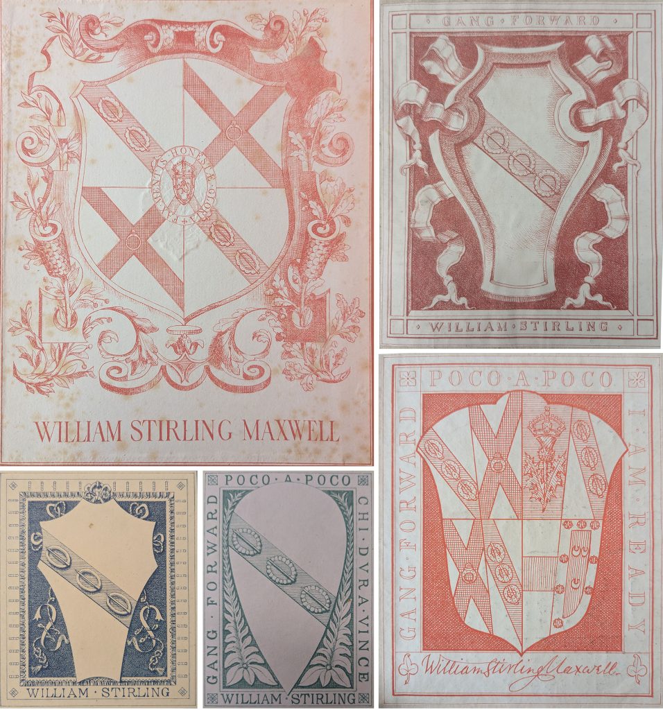A selection of five of William Stirling Maxwell's bookplates featuring simplified heraldic imagery.