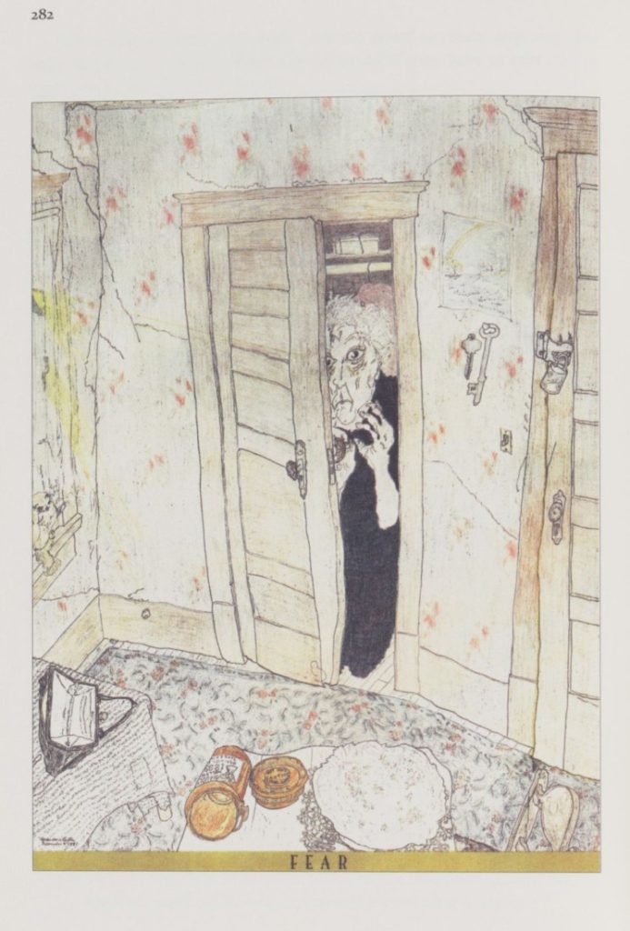 Color illustration of an older woman standing behind a partially-open door and looking into a room.