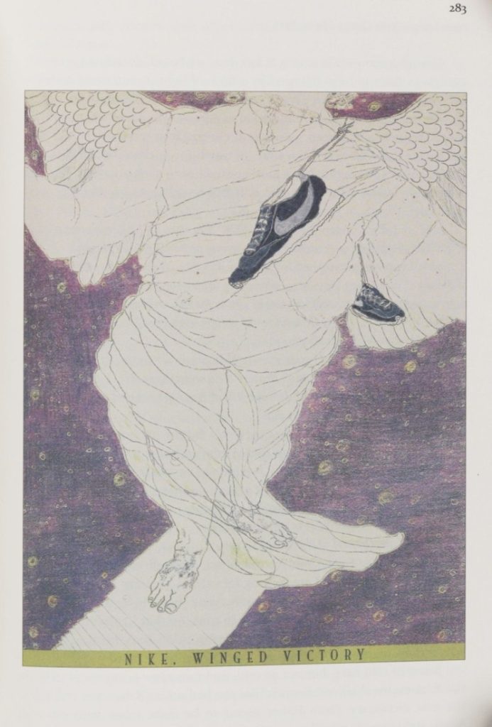 Color illustration of the torso, arms, and legs of a winged woman with a pair of tennis shoes around her neck.