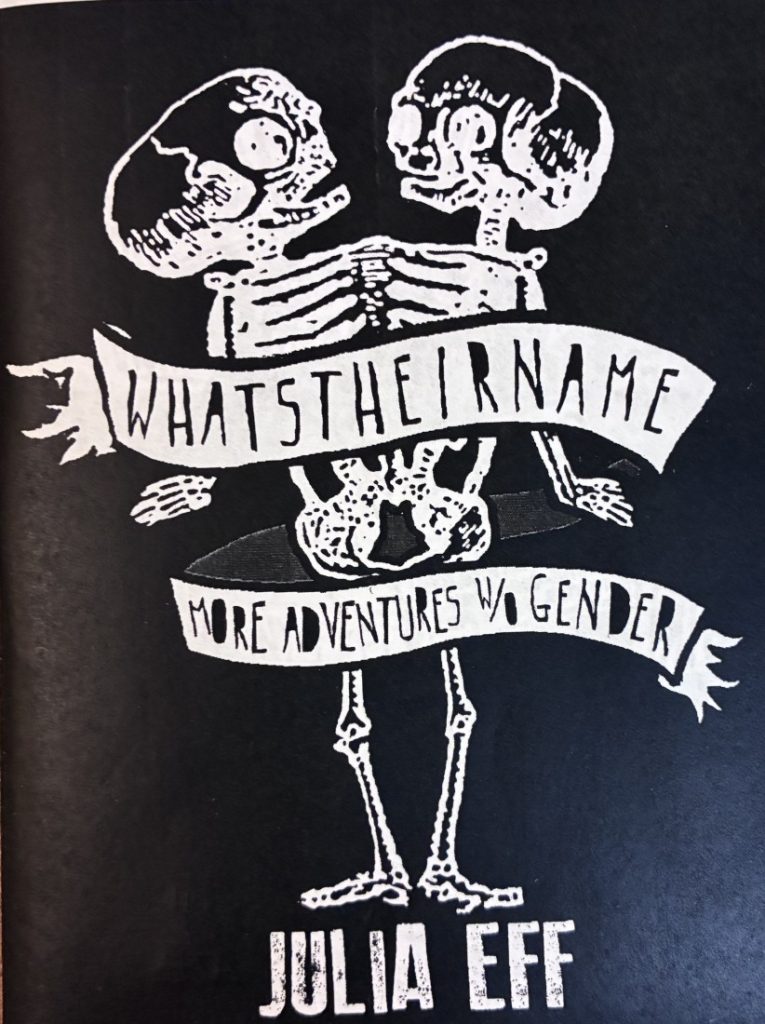 Front of the zine, which has a black background, the title in black text against white banners, and white skeletons.