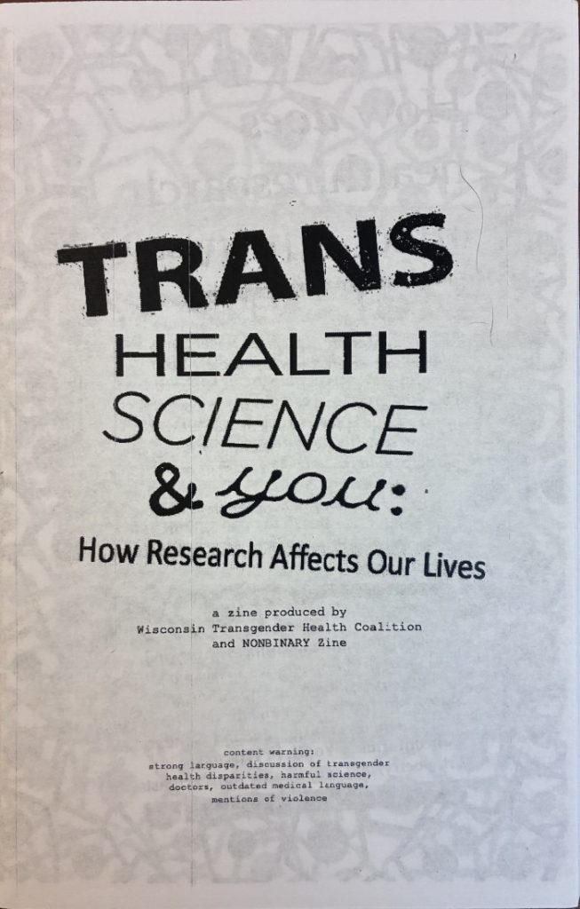 Front cover of the zine, which has black text against a light gray and lightly patterned background