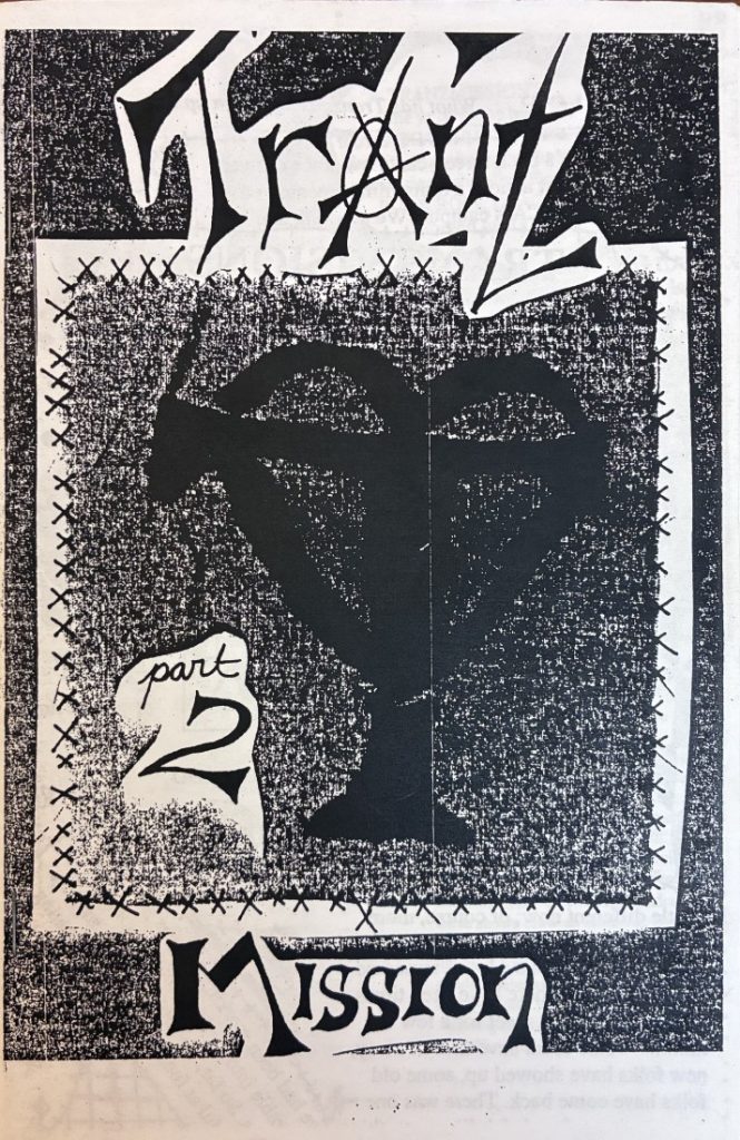 Front cover of the zine, which has text in black and the image of a heart in the background.