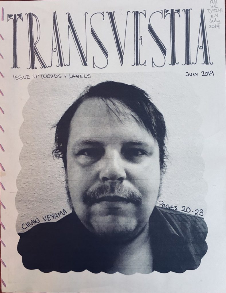 Front cover of the zine, which has a white background with black text, plus a black-and-white headshot of a man.