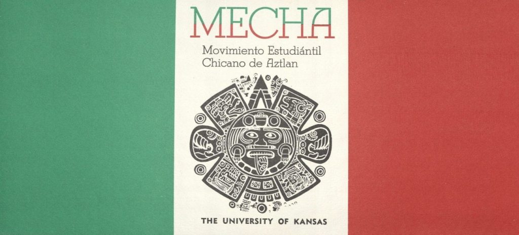 The name of the organization with a black-and-white sketch of an Aztec symbol, all against the Mexican tri-color flag as a background.