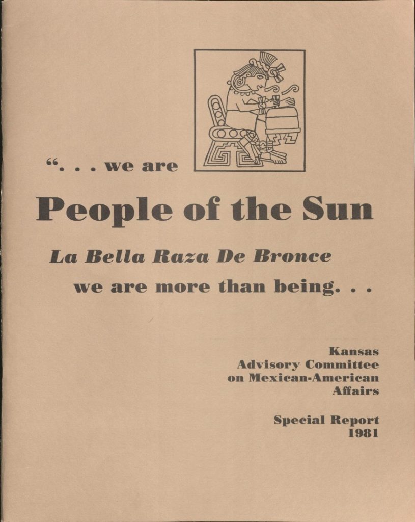 Line drawing of an Aztec symbol with the text "...we are People of the Sun / La Bella Raza De Bronce / we are more than being..."