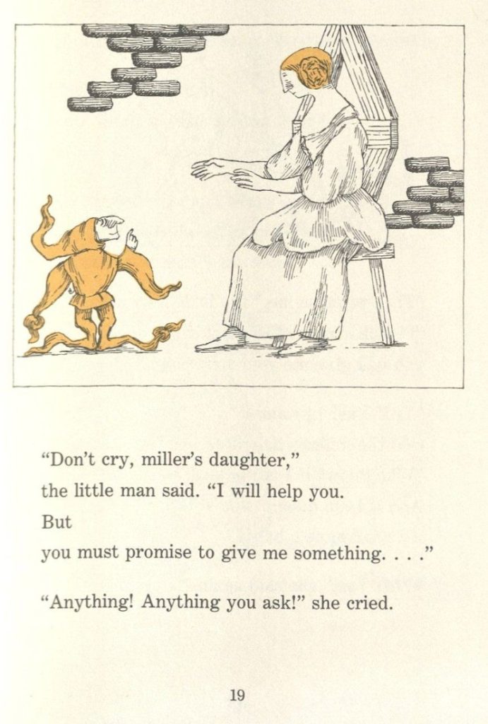 This image has text accompanied by a largely black and white illustration of a blond girl talking to a little man dressed in yellow.