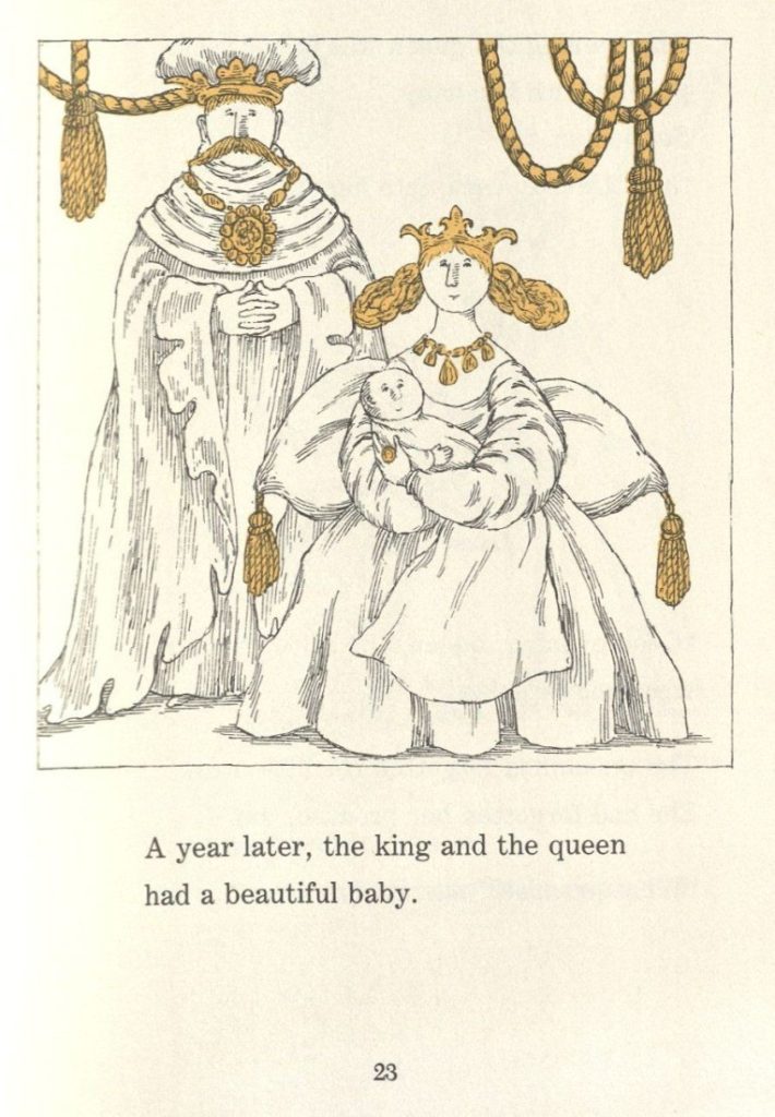 This image has text accompanied by a largely black and white illustration of the king and queen with their baby.