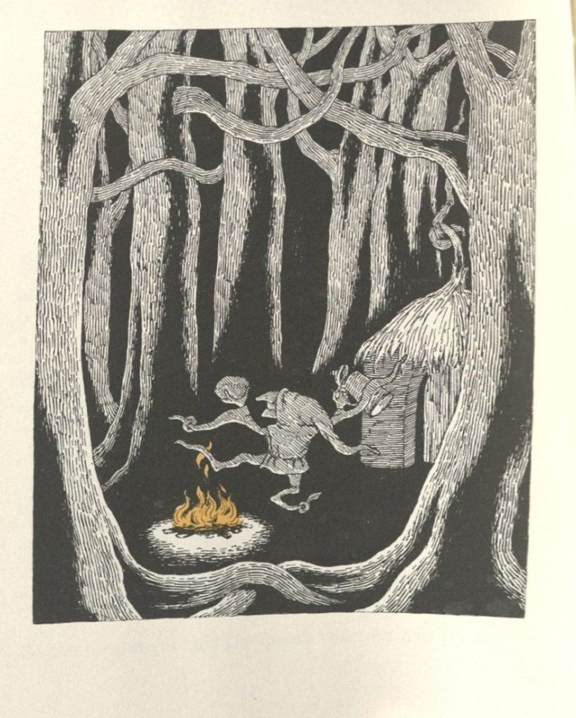 Full-page black-and-white illustration of Rumpelstiltskin dancing near a small fire in front of his cabin in the woods.