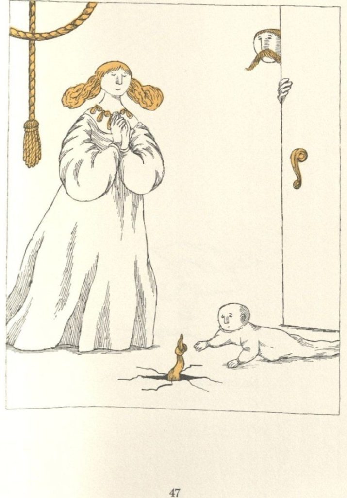 Full-page, largely black-and-white illustration of the queen watching her baby crawl toward something growing out of the ground.