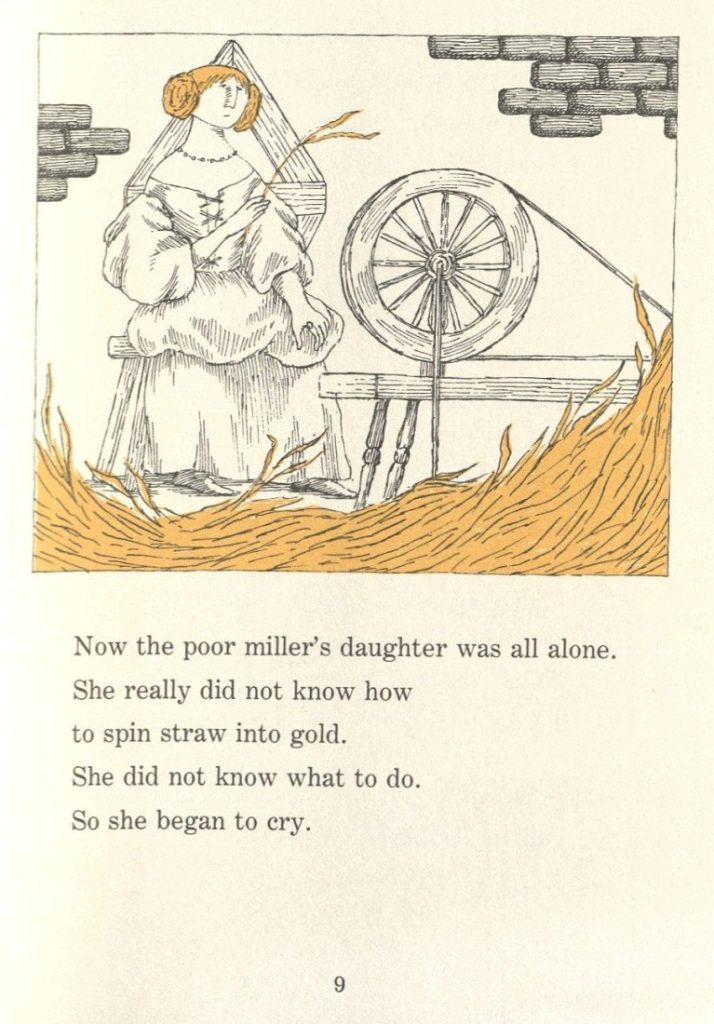 This image has text accompanied by a largely black and white illustration of a blond girl sitting at a spinning wheel surrounded by yellow straw.