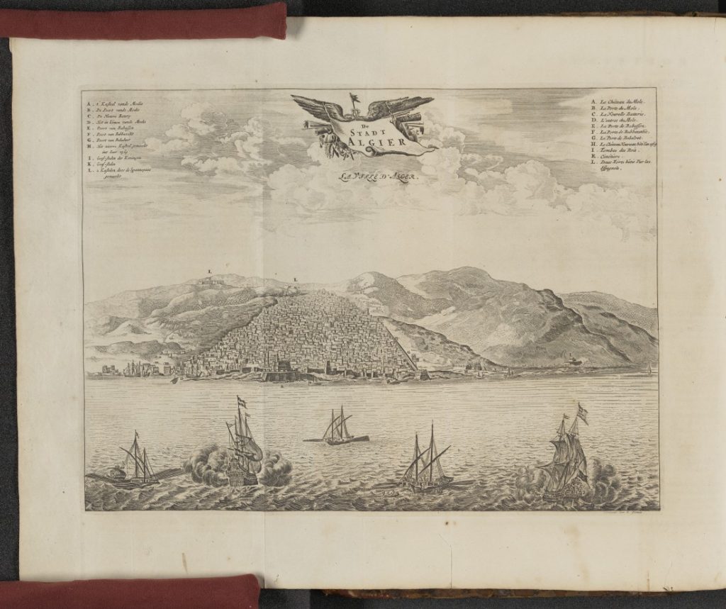Black-and-white illustration of a fortified coastal city on a hill.