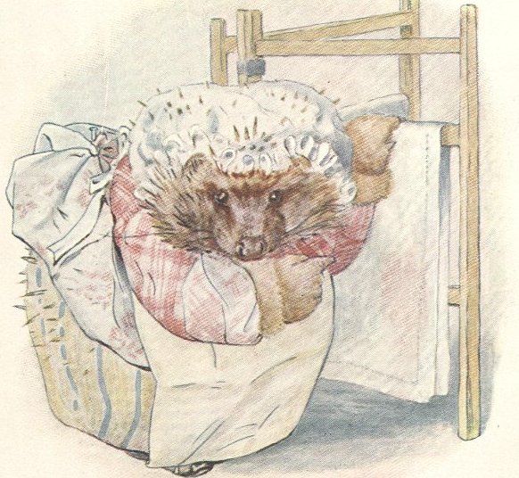 Color illustration of a hedgehog in a dress, apron, and cap standing next to laundry drying on a rack.