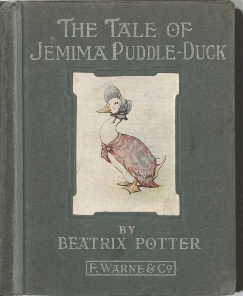 This image has text with a color illustration of a white duck wearing a blue bonnet and pink shawl.