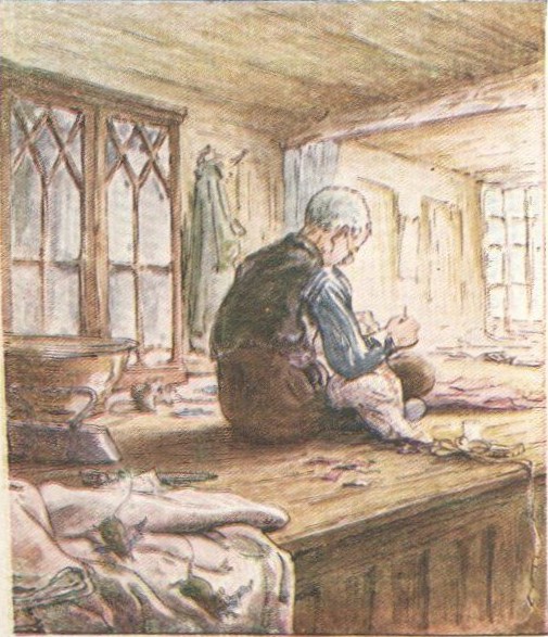 Color illustration of a man sitting on a wooden ledge with pieces of cloth around him.