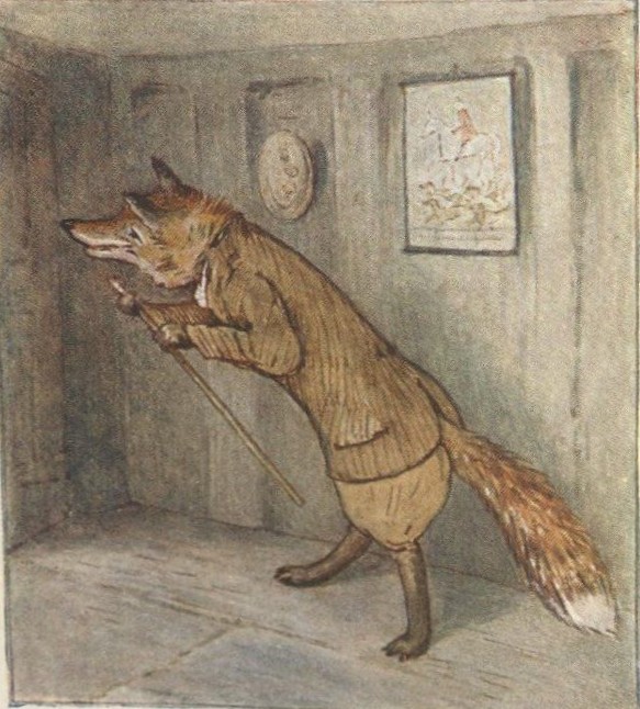 Color illustration of a fox in clothes standing in the hallway of a house.