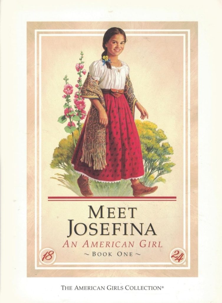 This image contains text with a color illustration of a girl with dark hair in a braid. She is wearing a white blouse, a red skirt, and a shawl and walking in front of a flowering bush. 