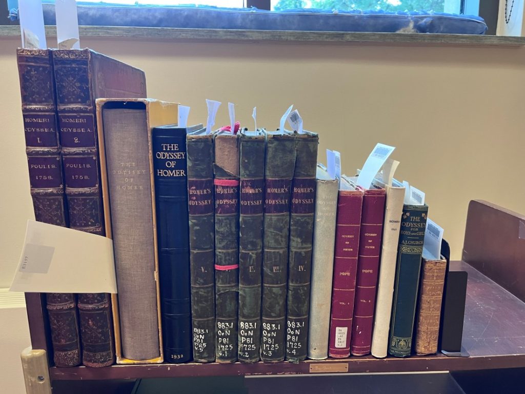 Photograph of a row up books, lined up vertically on a book truck.