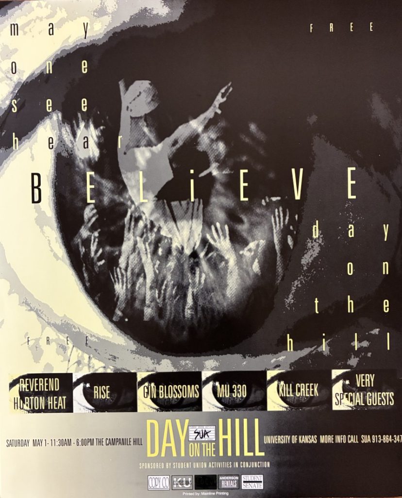 Concert information against a background of a crowd stylistically imposed on an eyeball, all in a color scheme of cream, gray, and black.