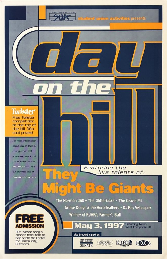Concert information in a color scheme of cream, orange, and blue.