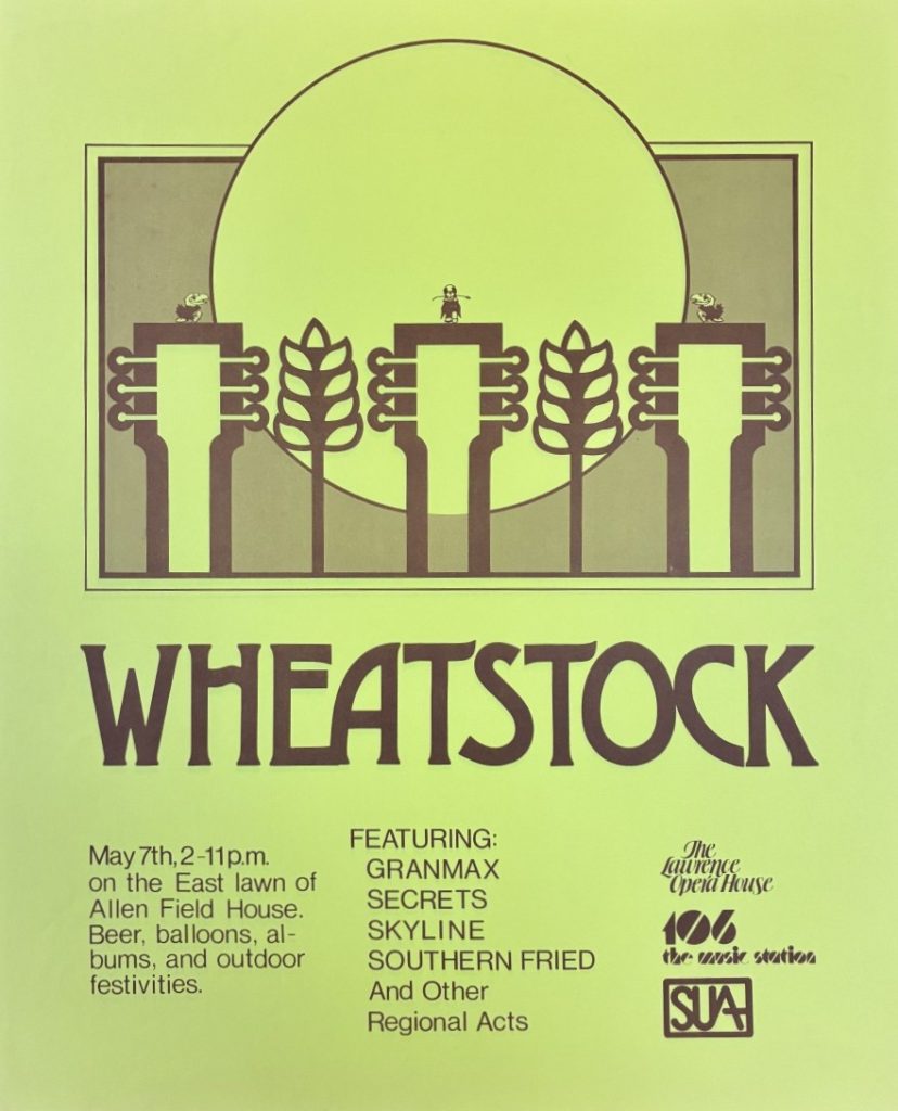 Concert information against a light green background, with a graphic of three guitar handles standing vertically with two cornstalks.