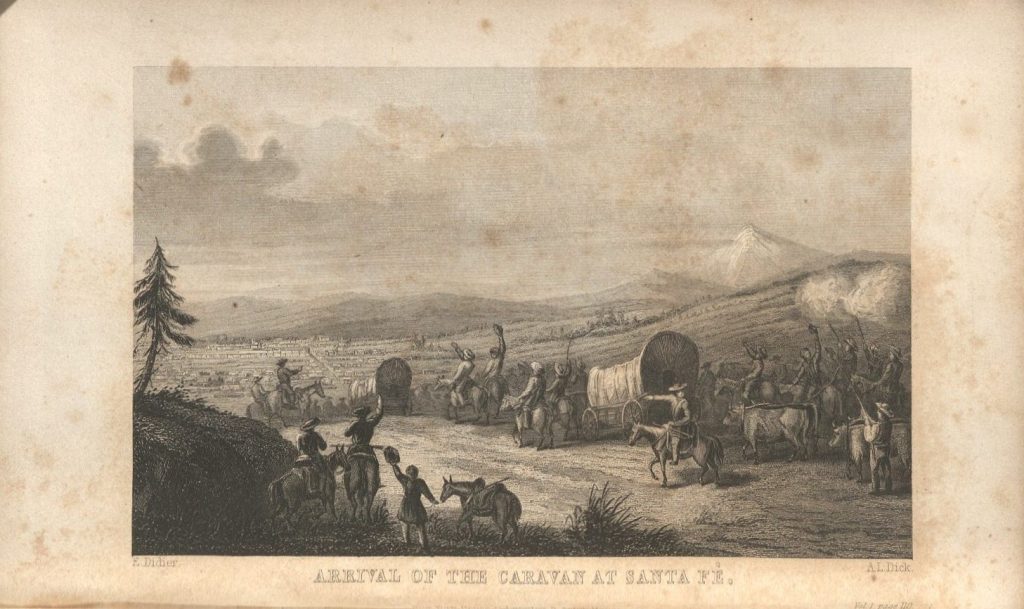 Black-and-white illustration of covered wagons and men on horses descending a hill into a small town in the distance.