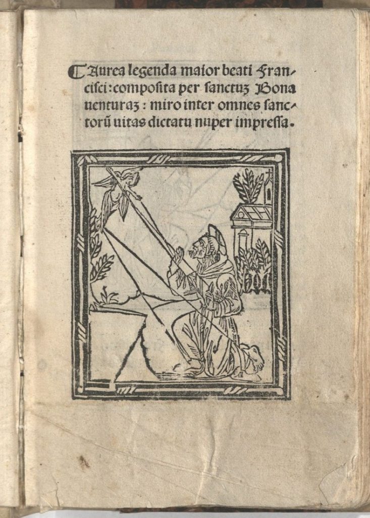 This image has the text of the work's title in Latin with a woodcut of St. Francis's vision of a seraph giving him the gift of the five wounds of Christ.