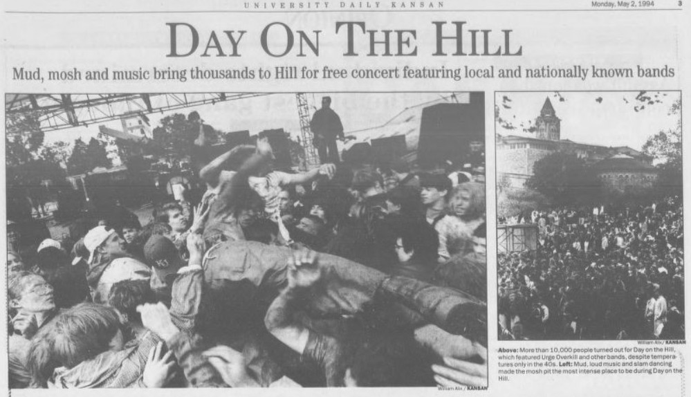 This image has text with two black-and-white photos: one of a mosh pit and one of a large crowd.