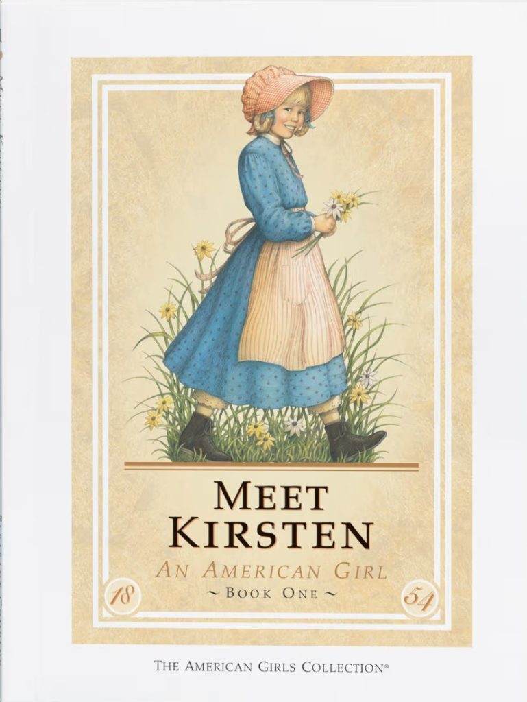 This image contains text with a color illustration of a girl walking in front of a patch of prairie grasses and flowers. She has blond hair in looped braids, and she's wearing a blue dress with flowers, a red and white striped apron, and a red bonnet.