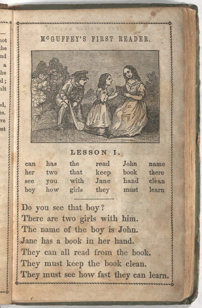 This image has text and a black-and-white illustration of three children outside.