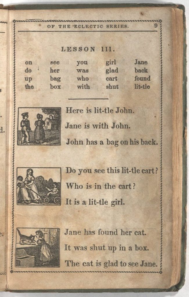 This image has text with three small black-and-white illustrations: a boy with a girl, two children pulling a third child in a cart, and a girl with her cat.