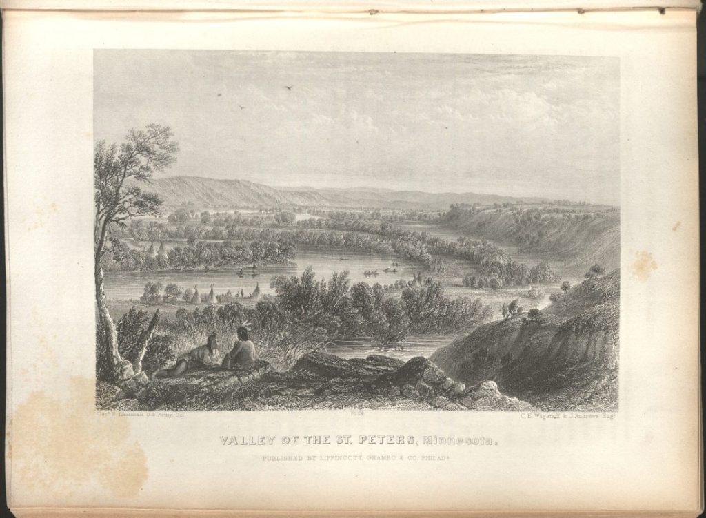 Black-and-white illustration of a river surrounded by hills and trees.